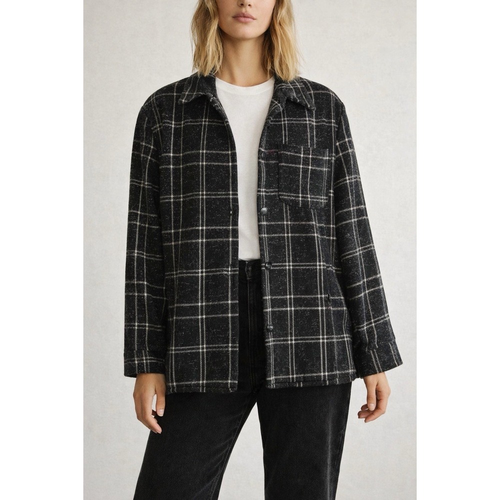 Esprit Black White Plaid Wool Blend‎ Oversized Blazer Jacket L Button